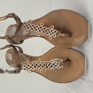 Diane Von Furstenberg Bronze Leather Metal Accent  Low Wedge Thong Sandals 9M AD